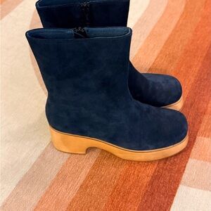 Charlotte Stone Navy Blue swede boots with tan wooden soles women’s size 9. NEW!